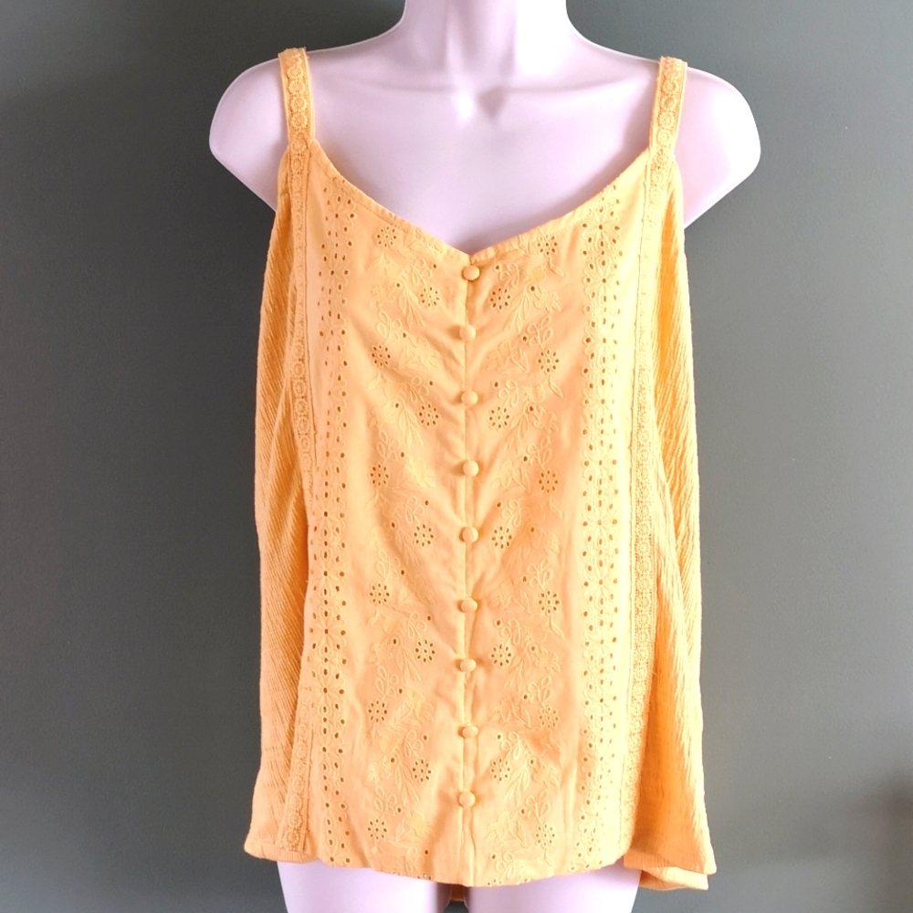 NWT Eyelet Detail Textured Thin Strap Flowy Tank Top Size XL Ricki's Yellow